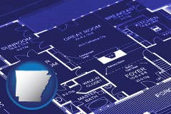 arkansas map icon and a house floor plan blueprint