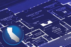 california map icon and a house floor plan blueprint