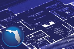 florida map icon and a house floor plan blueprint