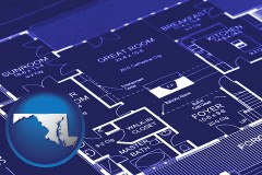 maryland map icon and a house floor plan blueprint