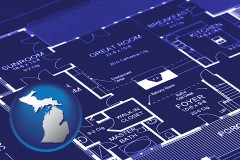 michigan map icon and a house floor plan blueprint