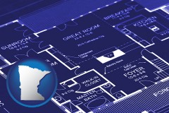 minnesota map icon and a house floor plan blueprint