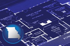 mo map icon and a house floor plan blueprint