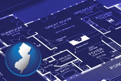 nj map icon and a house floor plan blueprint