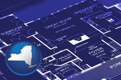 new-york map icon and a house floor plan blueprint