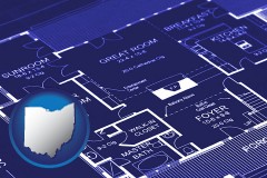 ohio map icon and a house floor plan blueprint