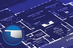 oklahoma map icon and a house floor plan blueprint