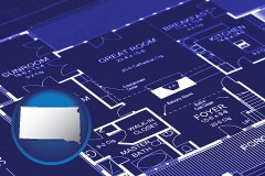 south-dakota map icon and a house floor plan blueprint