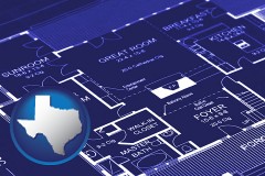 texas map icon and a house floor plan blueprint