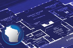 wisconsin map icon and a house floor plan blueprint